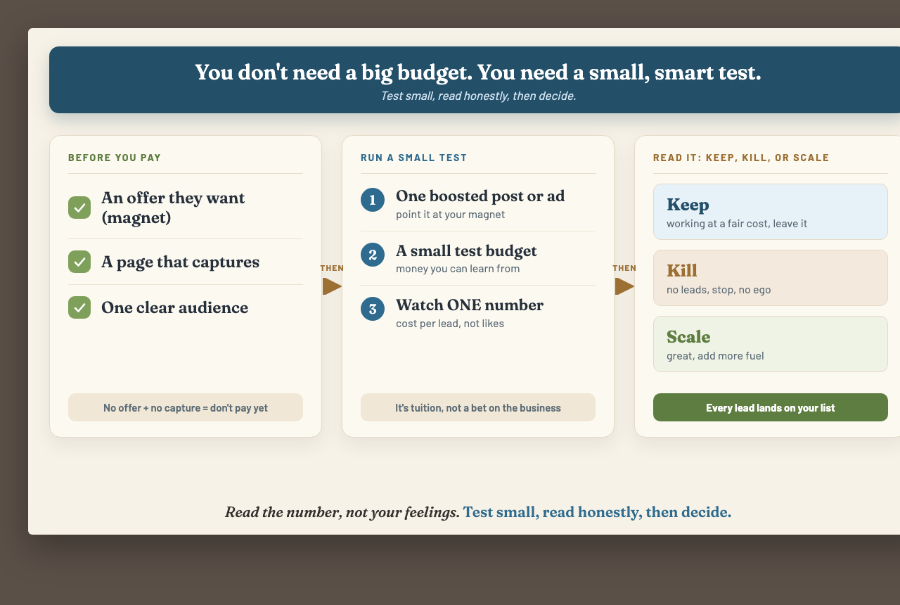 The paid test flow: a gate (offer, capture, one audience) before you pay, a small test (one ad, small budget, watch cost per lead), and the read: keep, kill, or scale, with every lead landing on your list
