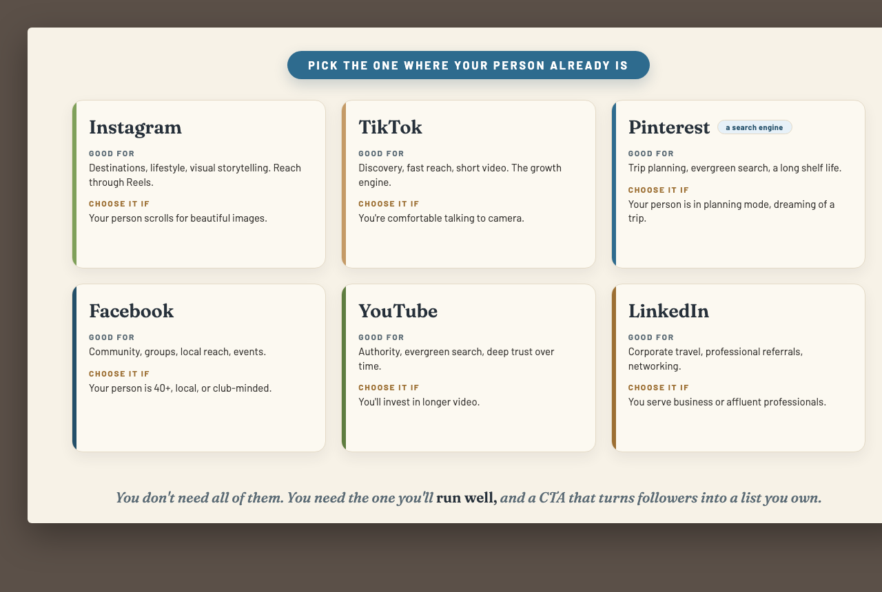 A guide to six major social channels (Instagram, TikTok, Pinterest, Facebook, YouTube, LinkedIn) with what each is good for and who should choose it
